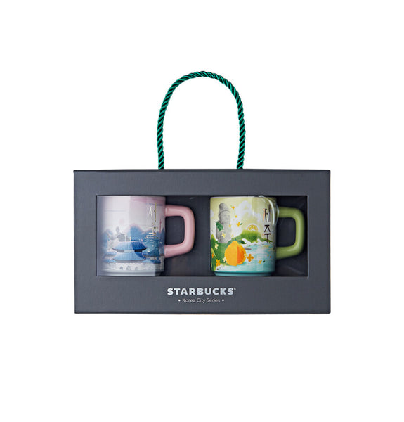 Celebrate Korea's iconic cities with this Starbucks City Series Demi Mug Set, showcasing Seoul and Jeju designs, each holding 89ml.